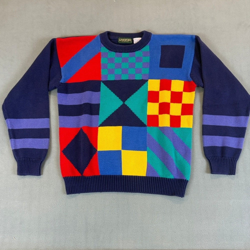 Linksport Sweater Mens Medium Navy Blue Colorblock Geometric 80s 90s Vintage